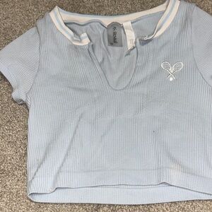 Altar'd State Light Blue Ribbed Crop Top with Tennis Embroidery